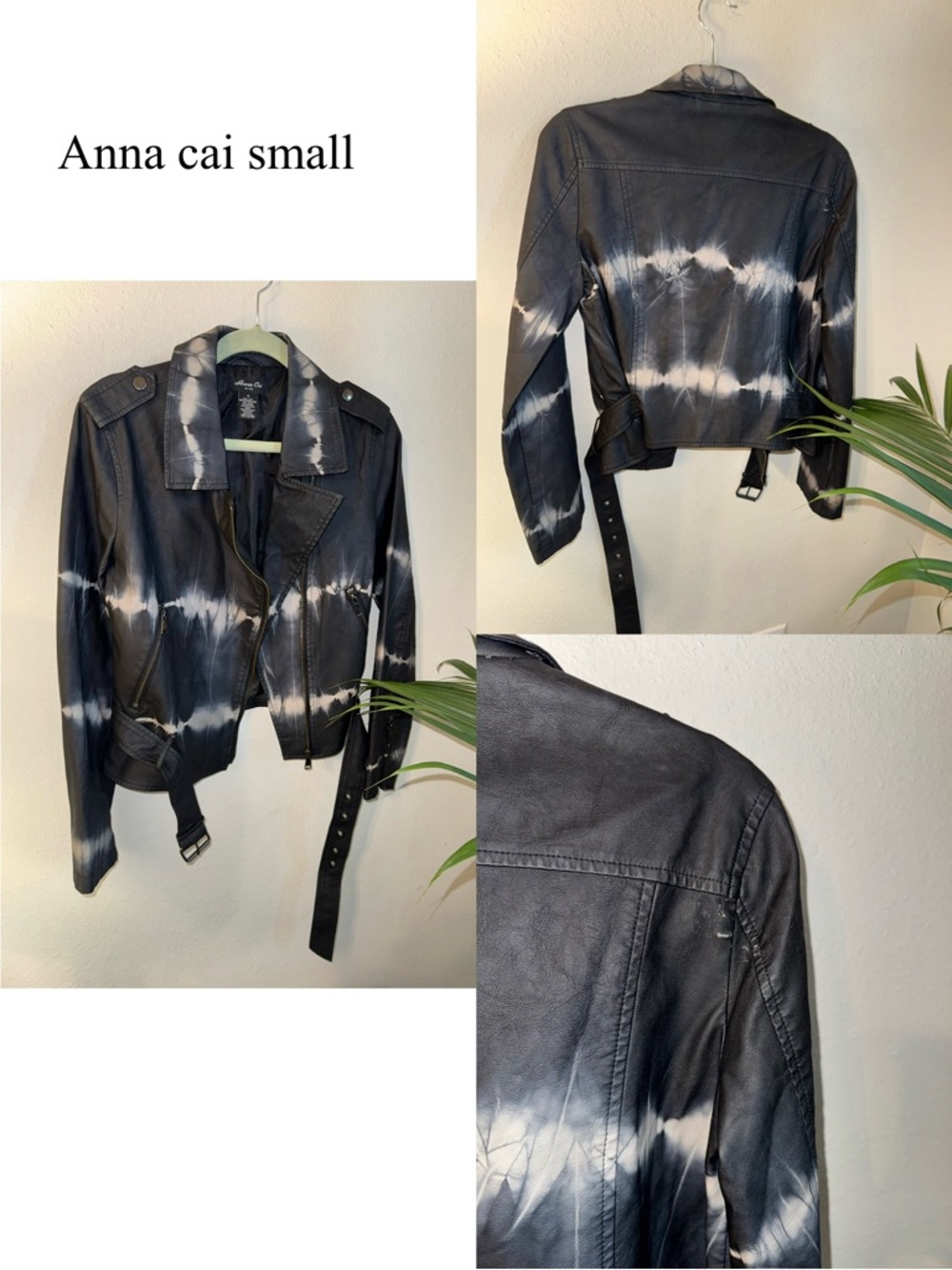 Anna Cai Women's Black Tie-Dye Leather Moto Jacket